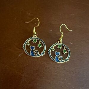Gold and Blue Cat Earrings